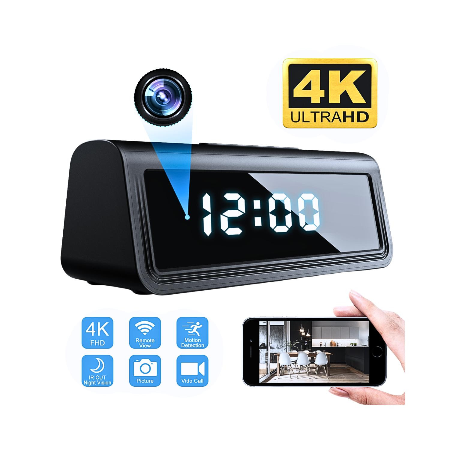 4K Table Alarm WIFI Spy Hidden Mini Clock Audio Video Camera Recorder