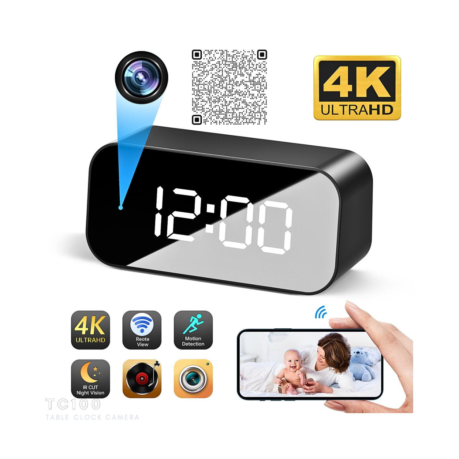 TC100 4K Big Display Table Clock Spy Hidden WiFi Video Camera Recorder